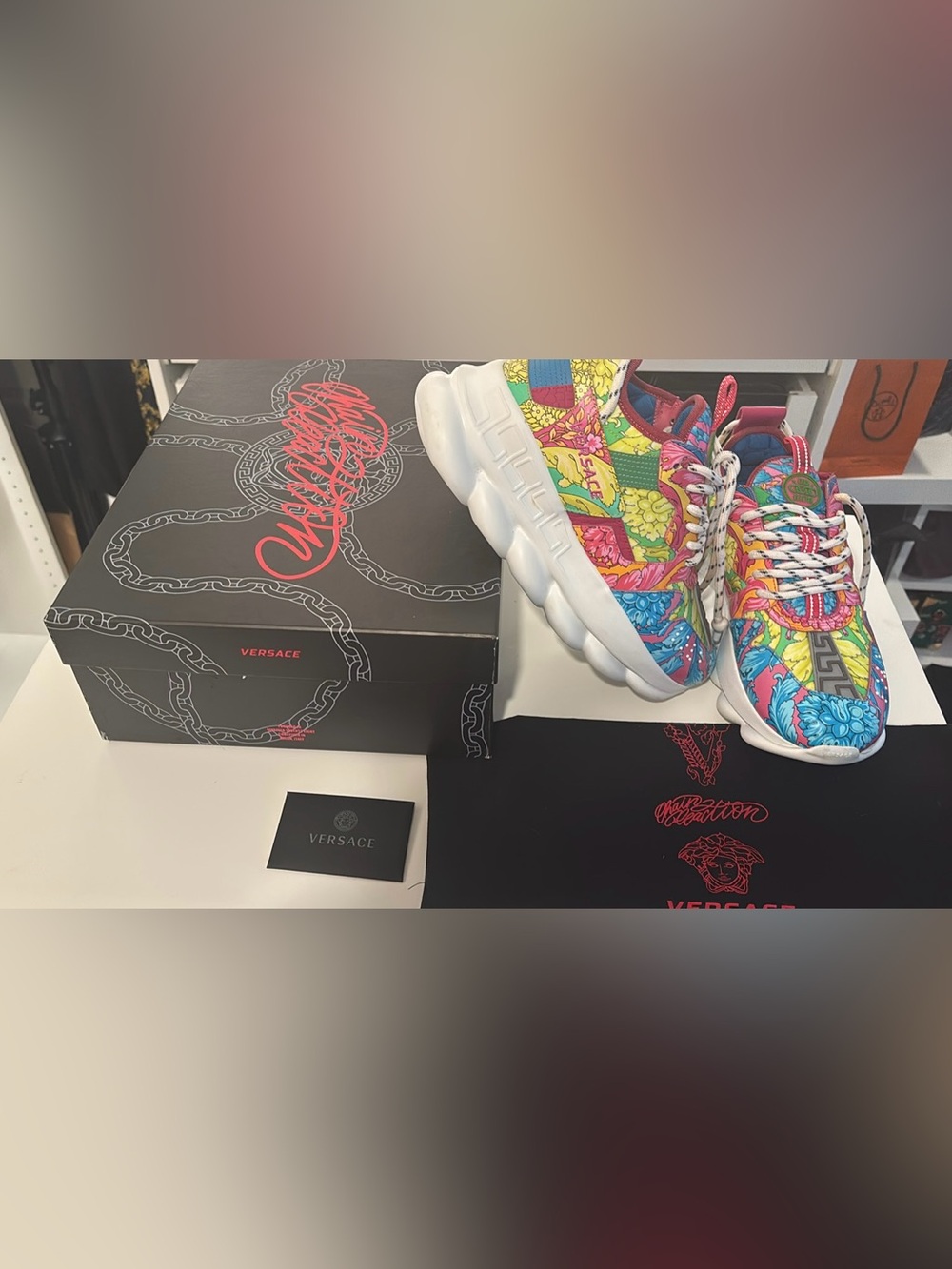Versace Multicolor Floral Patchwork Chain Reaction Sneakers - Yellow, Pink, Blue